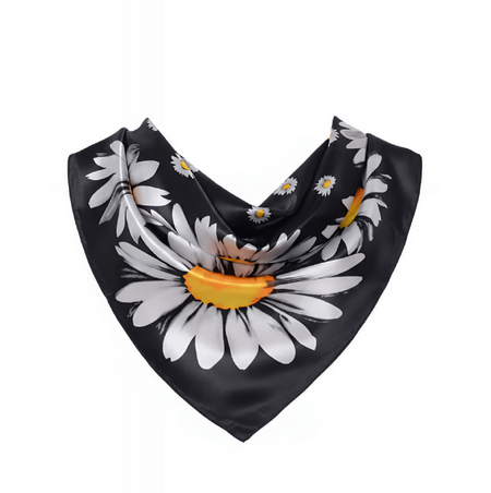 Anyyou Fashion Premium Satin Square Scarf – Daisy Black Silk-Feel Neckwrap for Women