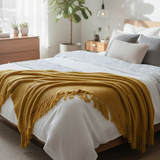 Anycozy Yellow Knitted Waffle Throw Blanket – Soft Tassel Sofa & Bed Cover