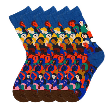 Anyfootwear 5 Pairs Size 5-9 Women Fashion Crew Socks Combed Cotton Abstract People Oil Painting Print Colorful Novelty Funny Casual Christmas Gift