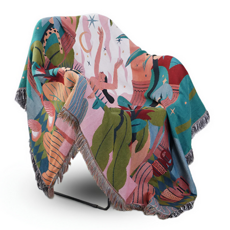 Anycozy Blue Forest Dancer Throw Blanket – Soft Faux Cashmere Sofa & Bed Cover with Tassels