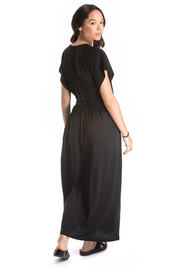 belted long dress - black