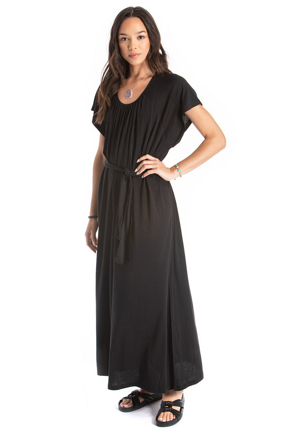 belted long dress - black