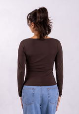 Organic Cotton V-Neck Long Sleeve T-Shirt, Hot Fudge
