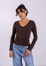 Organic Cotton V-Neck Long Sleeve T-Shirt, Hot Fudge