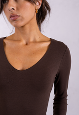 Organic Cotton V-Neck Long Sleeve T-Shirt, Hot Fudge