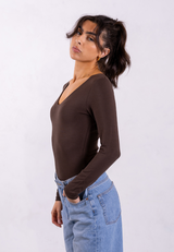 Organic Cotton V-Neck Long Sleeve T-Shirt, Hot Fudge