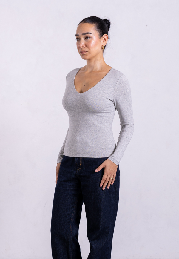 Organic Cotton V-Neck Long Sleeve T-Shirt, Light Grey Marl