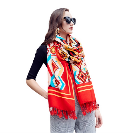 Anyyou 100% Merino Wool Orange Native Tribe Silk Satin Large Winter Scarf Pashmina Shawl Bandana Perfect For Women Ladies Fashion Style