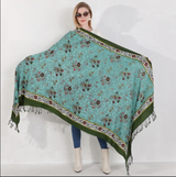 Anyyou 100% Merino Wool Cyan And Flowers Silk Satin Large Winter Scarf Pashmina Shawl Bandana Perfect For Women Ladies Fashion Style