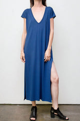 Maxi V Neck Dress - Organic Cotton - Blue