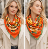 Anyyou Fashion Premium Satin Square Scarf – Daisy Orange Floral Printed Silk-Feel Neckwrap for Women