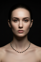 Model wearing 14k Gold Linked Black Pearl Necklace - Front View
