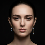 Model wearing Asymmetrical Black Pearl Earrings - Front View