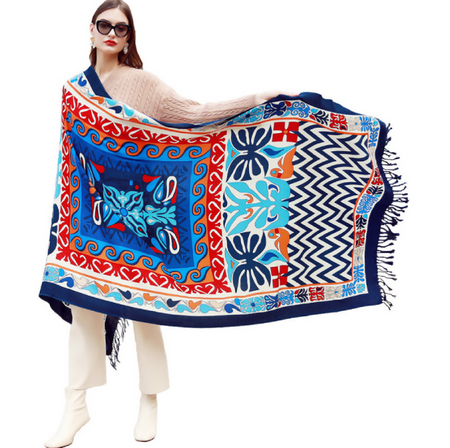 Anyyou 100% Merino Wool Blue Chevron Neck Wrap Silk Satin Large Winter Scarf Pashmina Shawl Bandana Perfect For Women Ladies Fashion Style