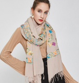 Anyyou 100% Pure Merino Wool Poncho Scarf for Women – Khaki Line Pattern Oversized Winter Pashmina Shawl Wrap