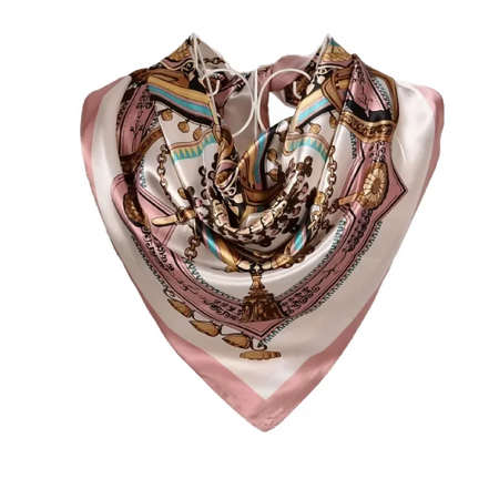 Anyyou Fashion Premium Satin Square Scarf – Pink Chain Flower Silk-Feel Neckwrap for Women