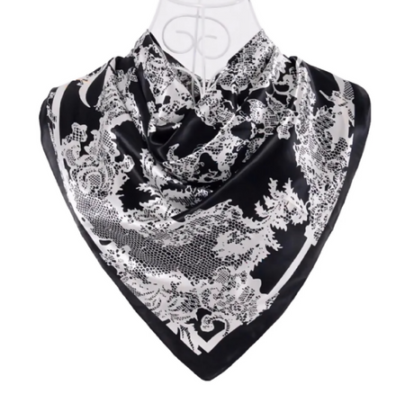 Anyyou Fashion Premium Satin Square Scarf – Elegant Lace Black Silk-Feel Neckwrap for Women