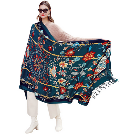 Anyyou 100% Merino Wool Navy Blue Patterns Silk Satin Large Winter Scarf Pashmina Shawl Bandana Perfect For Women Ladies Fashion Style