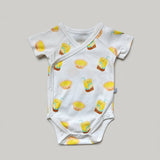 the wee bean organic cotton onesie in lemon tea vita and egg tart newborn kimono style