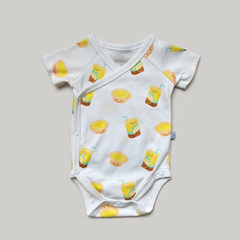 the wee bean organic cotton onesie in lemon tea vita and egg tart newborn kimono style
