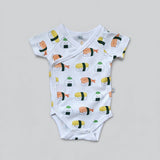 the wee bean organic cotton onesie clothing romper in sushi nigiri ebi shrimp tamago and onigiri newborn kimono style