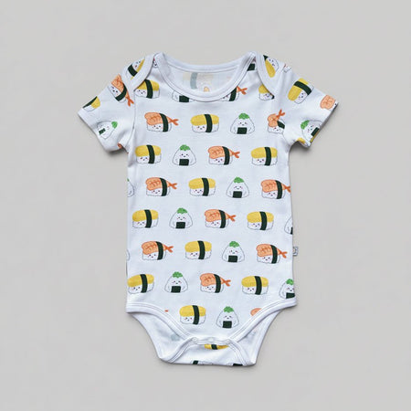 the wee bean organic cotton onesie clothing romper in sushi nigiri ebi shrimp tamago and onigiri