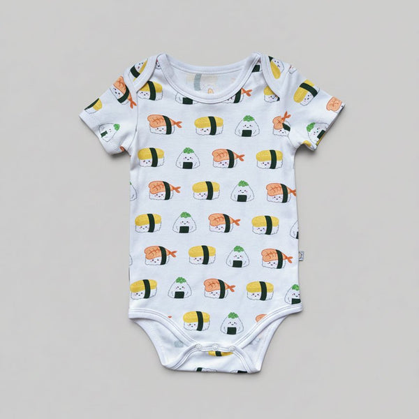the wee bean organic cotton onesie clothing romper in sushi nigiri ebi shrimp tamago and onigiri