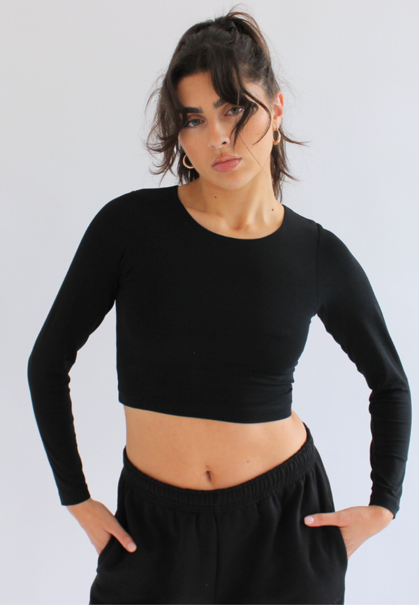 Organic Cotton Crew Long Sleeve Cropped T-Shirt, Black