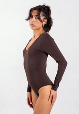 Organic Cotton Long Sleeve V-Neck Bodysuit, Hot Fudge