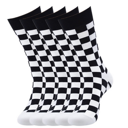 Anyfootwear 5 Pairs Size 5-14 Women Fashion Socks Cotton Skateboard Black White Square Pattern Novelty Crew Socks Casual Sports Socks