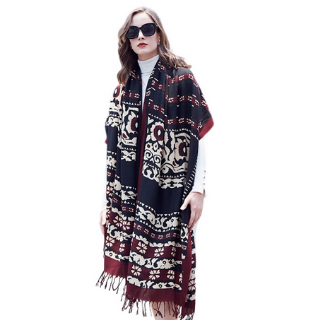 Anyyou 100% Merino Wool Black Burgundy Silk Satin Large Winter Scarf Pashmina Shawl Bandana Perfect For Women Ladies Fashion Style