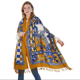 Anyyou 100% Merino Wool Mustartd Yellow Patterns Silk Satin Large Winter Scarf Pashmina Shawl Bandana Perfect For Women Ladies Fashion Style