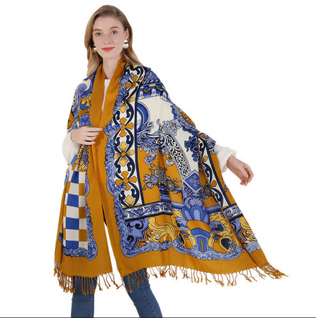 Anyyou 100% Merino Wool Mustartd Yellow Patterns Silk Satin Large Winter Scarf Pashmina Shawl Bandana Perfect For Women Ladies Fashion Style