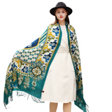 Anyyou 100% Merino Wool Blue Biege Silk Satin Large Winter Scarf Pashmina Shawl Bandana Perfect For Women Ladies Fashion Style