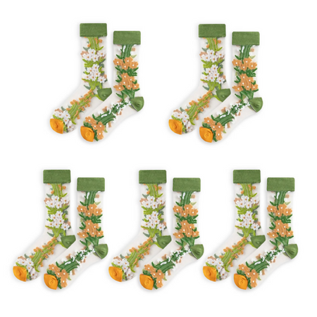 Anyfootwear 5 Pairs Yellow Green Crystal Silk Socks Size 5-9 Harajuku Fashion Flower Vine Pattern Comfortable Soft Breathable Casual Socks for Women