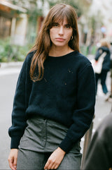 pull en laine mérinos bleu marine ajouré fabriqué au Portugal