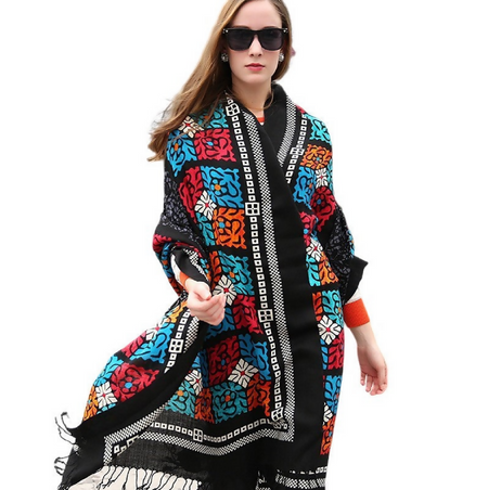 Anyyou 100% Pure Merino Wool Poncho Scarf for Women – Black Mosaic Pattern Oversized Winter Pashmina Shawl Wrap