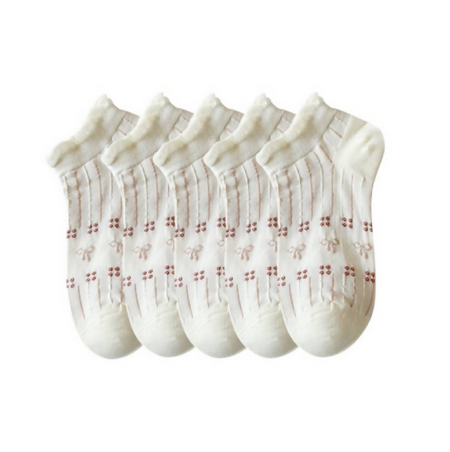 Anyfootwear 5 Pairs One Size 35-40 Women's Invisible Boat Socks Cherry Ribbon Print Cotton Ankle Socks Summer Breathable Short No Show Socks