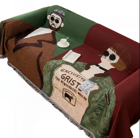 Anycozy Brown Faux Cashmere Throw Blanket – Sofa Cover with Human Cartoon Design, Tassels, Soft Picnic & Camping Mat