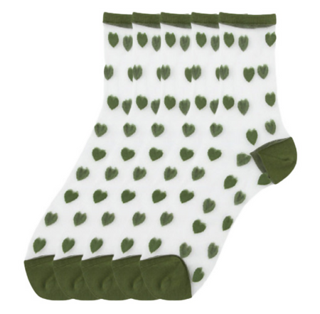 Anyfootwear 5 Pairs Army Green Heart Tulle Glass Silk Knee Socks Size 5-9 Transparent Thin Mesh Full Nylon Fashion Socks Comfortable Breathable for Women