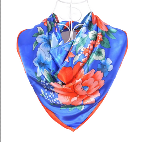 Anyyou Fashion Premium Satin Square Scarf – Vibrant Peony Blue Floral Silk-Feel Neckwrap for Women