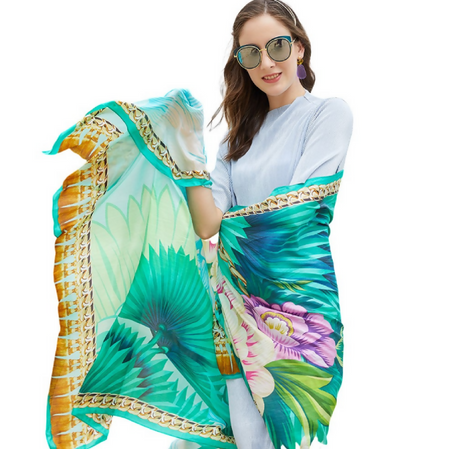 Anyyou 100% Mulberry Silk Vivid Green Long Scarf for Women Luxury Beach Shawl Swimwear Cover-Up Pashmina Wrap Foulard