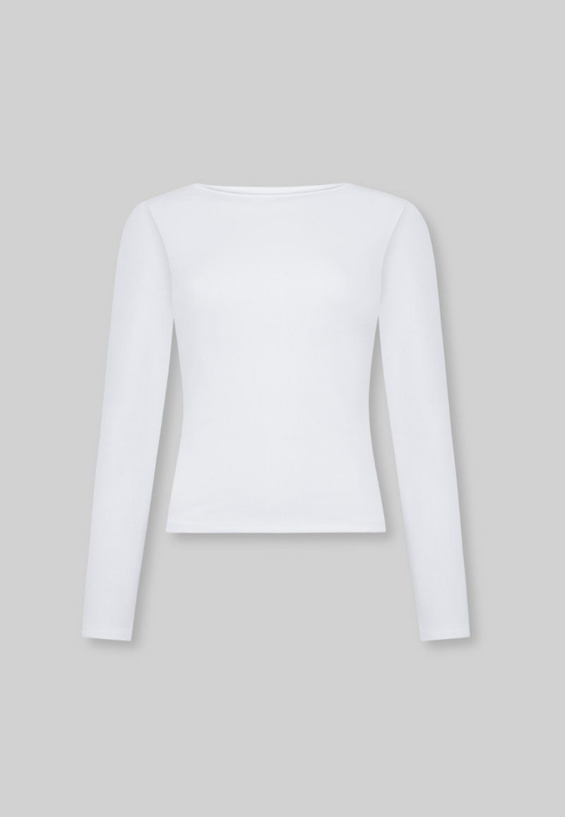 Ribbed Boat Neck Long Sleeve T-Shirt, White