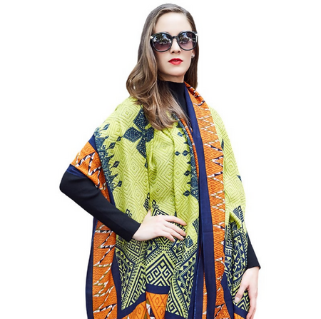 Anyyou 100% Pure Merino Wool Poncho Scarf for Women – Green Faceted Pattern Oversized Winter Pashmina Shawl Wrap
