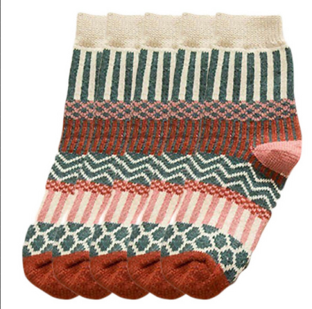 Anyfootwear 5 Pairs Size 5-9 Women Fashion Socks Colorful Wind Flower Cotton Thick Warm Wool Winter Casual Crew Socks White