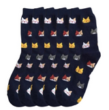 Anyfootwear 5 Pairs Navy Blue Cat Cotton Long Socks Size 5-9 High Quality Fashion Casual Office Sports Skateboard Knitted Crew Socks for Women