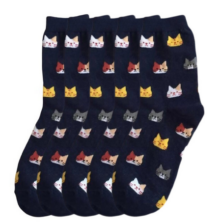 Anyfootwear 5 Pairs Navy Blue Cat Cotton Long Socks Size 5-9 High Quality Fashion Casual Office Sports Skateboard Knitted Crew Socks for Women