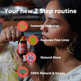 Woman holding a skincare product with text about a 2-step routine, hydration, fine lines, natural glow, and vegan certification.