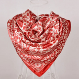 Anyyou Fashion Premium Satin Square Scarf – Red Beige Print Silk-Feel Neckwrap for Women