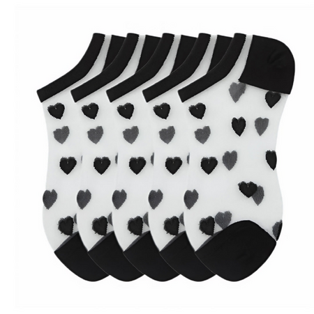 Anyfootwear 5 Pairs Black Size 5-9 Heart Tull Glass Silk Design With Transparent Thin Mesh Color Full Nylon Knee Sock ComFortable To Wear For Ladies
